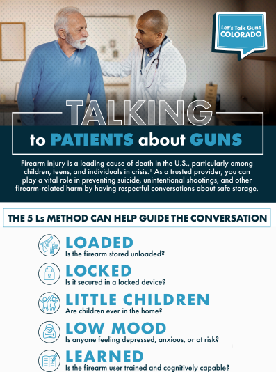 Preview flyer image showing a doctor speaking with an older man, titled “Talking to Patients about Guns.” It explains the importance of discussing firearm safety and presents the “5 Ls” conversation guide: Loaded, Locked, Little Children, Low Mood, and Learned.
