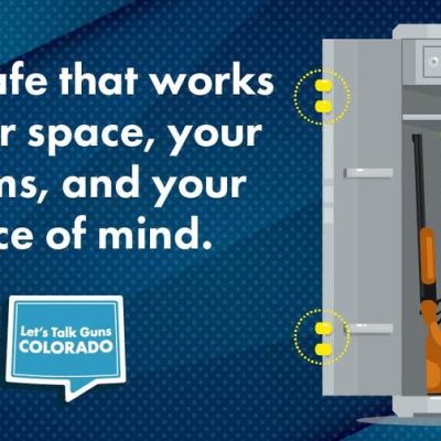 Illustration of a tall gun safe with its door open, showing a long gun stored inside and highlighted measurements around the safe. Text reads, “Use a safe that works for your space, your firearms, and your peace of mind,”.