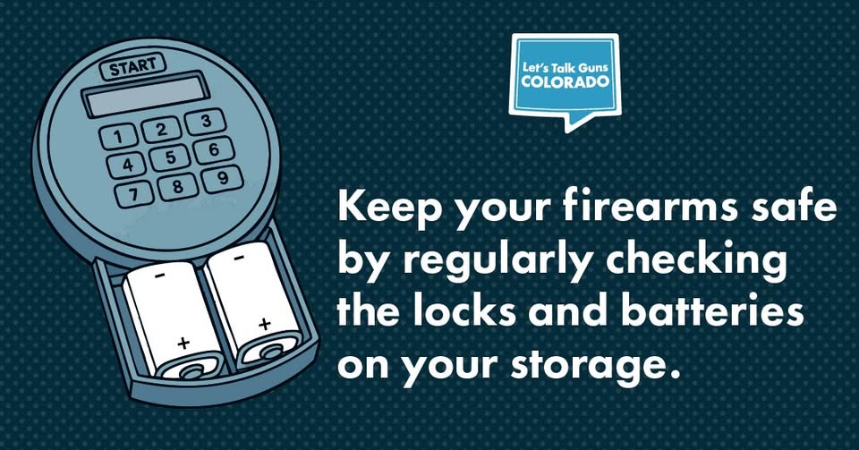 An electronic gun safe keypad with an open battery compartment, next to the text: Keep your firearms safe by regularly checking the locks and batteries on your storage, and a Lets Talk Guns COLORADO speech bubble logo.