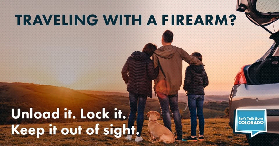 A family and their dog look out over a landscape at sunset next to an open car trunk, with text reading: Traveling with a firearm? Unload it. Lock it. Keep it out of sight.