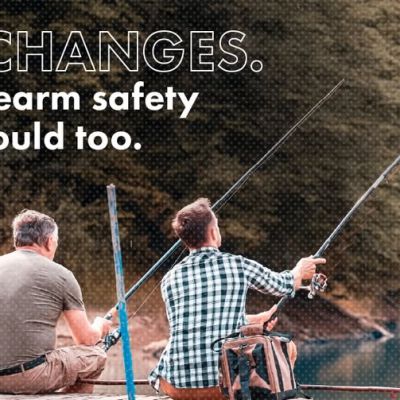 Two men sit on a wooden dock fishing in a lake, with text that reads: LIFE CHANGES. Your firearm safety plan should too. and a logo for Lets Talk Guns COLORADO.