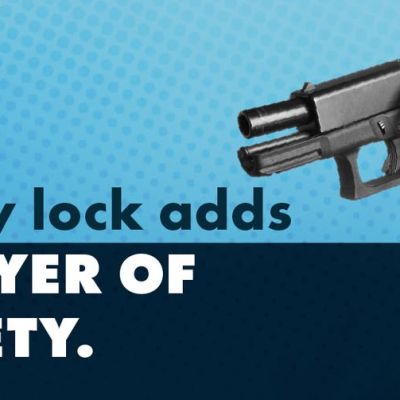 A handgun secured with a red cable lock, with the text Lets Talk Guns COLORADO and Every lock adds A LAYER OF SAFETY.