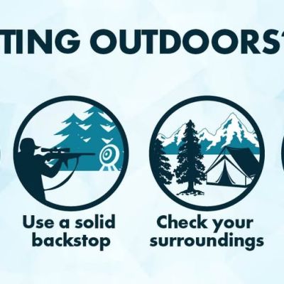 Infographic titled Shooting Outdoors? showing four tips: check local laws, use a solid backstop, check your surroundings, and clean up afterwards.