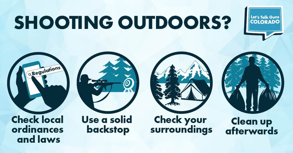 Infographic titled Shooting Outdoors? showing four tips: check local laws, use a solid backstop, check your surroundings, and clean up afterwards.