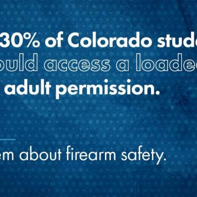 Text on a blue background: Nearly 30% of Colorado students say they could access a loaded gun without adult permission. Talk to them about firearm safety. The Lets Talk Guns Colorado logo is in the bottom right corner.