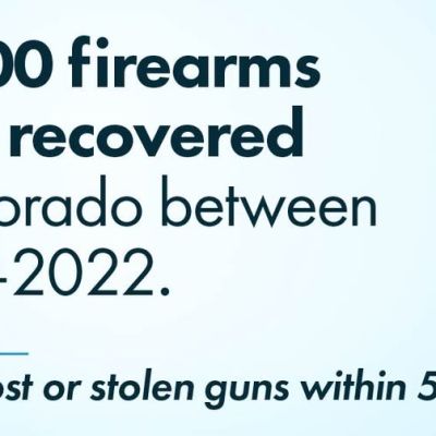 Infographic stating that 32,600 firearms were recovered in Colorado between 2018–2022, with a reminder to report lost or stolen guns within 5 days and a Lets Talk Guns Colorado logo.