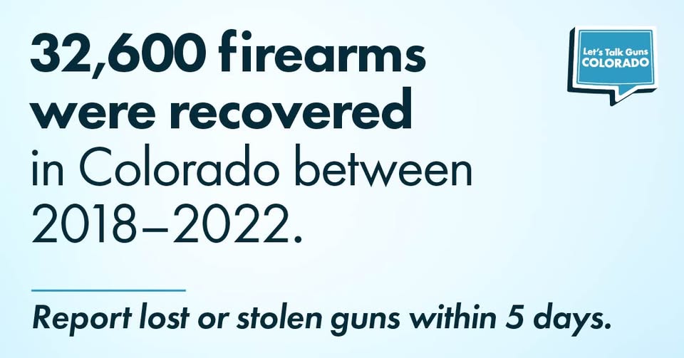 Infographic stating that 32,600 firearms were recovered in Colorado between 2018–2022, with a reminder to report lost or stolen guns within 5 days and a Lets Talk Guns Colorado logo.