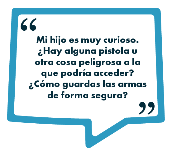 Un globo sonoro con texto en español en el que se pregunta cómo guardar de forma segura las armas de fuego y los objetos peligrosos y se expresa preocupación por el acceso a ellos de un niño curioso.