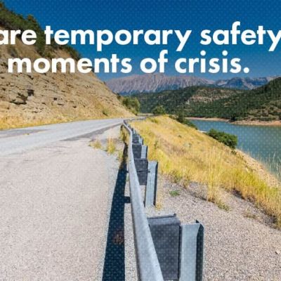 A mountain road with a metal guardrail beside a lake, overlaid with text comparing ERPOs to temporary safety rails during a crisis.