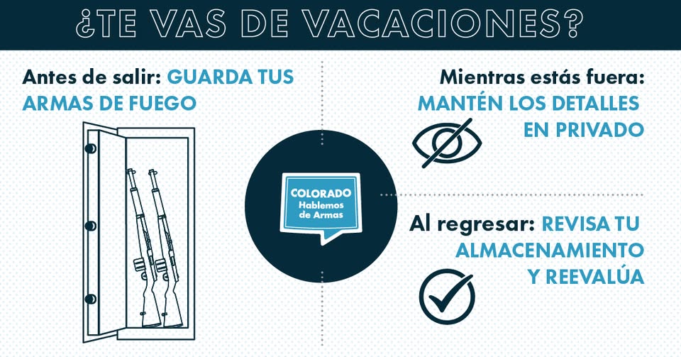 Infografía en español sobre la seguridad de las armas de fuego durante las vacaciones. Muestra una caja fuerte para armas, un icono de un ojo y una lista de comprobación, aconsejando guardar las armas de fuego, mantener en privado los detalles del viaje y revisar el almacenamiento a la vuelta.