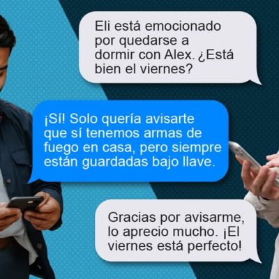 A man and a woman messaging on their phones with a text conversation about firearm safety in the home displayed between them, featuring the Colorado Hablemos de Armas logo.