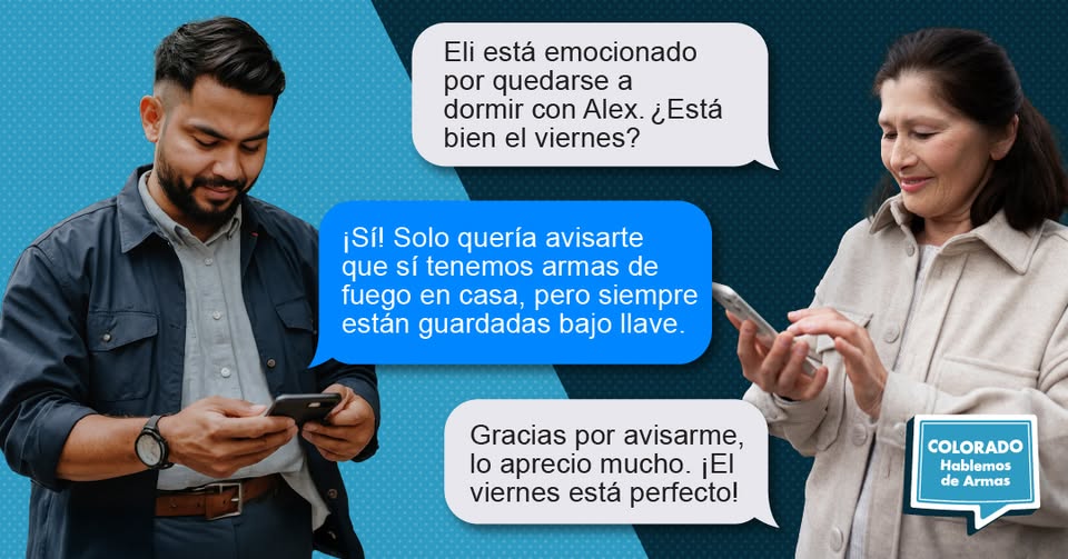 A man and a woman messaging on their phones with a text conversation about firearm safety in the home displayed between them, featuring the Colorado Hablemos de Armas logo.