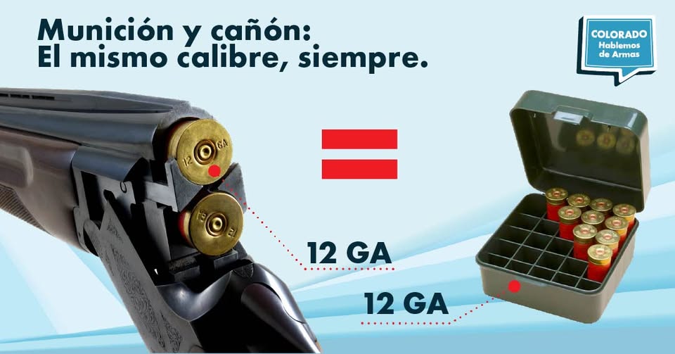 Se muestra una escopeta cargada con cartuchos del calibre 12 junto a una caja de munición del mismo calibre. El texto subraya la importancia de utilizar el mismo calibre para la munición y el arma de fuego: El mismo calibre, siempre.