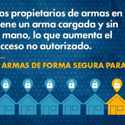 Infografía en español que alerta sobre armas cargadas y sin seguro en casas de Colorado. Hay ilustraciones de casas, algunas con candado y una sin, resaltando la importancia de guardar las armas de forma segura.