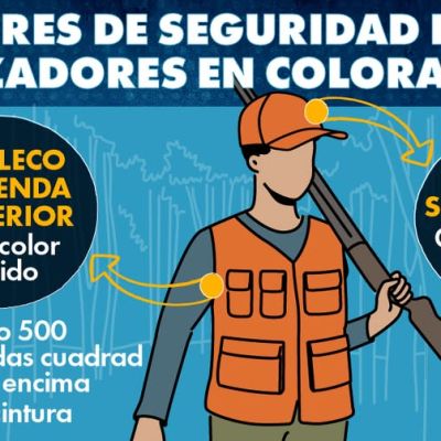 Infografía sobre requisitos de vestimenta para cazadores en Colorado: hombre con chaleco y prenda superior color sólido, mínimo 500 pulgadas cuadradas sobre la cintura, y sombrero obligatorio.