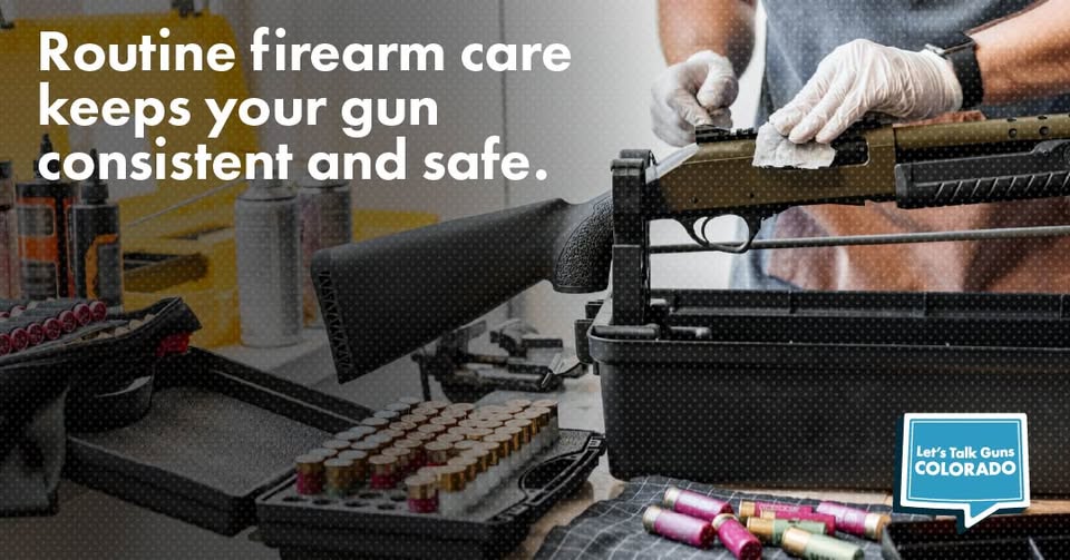 Person wearing gloves cleaning a shotgun held in a stand, with text that reads: Routine firearm care keeps your gun consistent and safe.