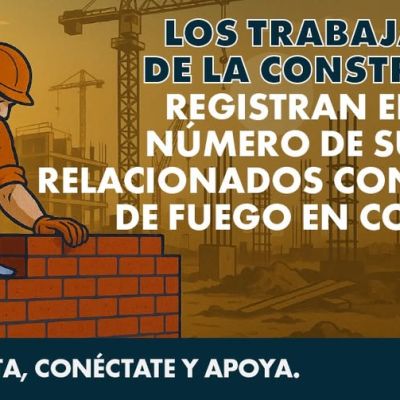 Ilustración de un trabajador de la construcción colocando ladrillos con un texto en el que se afirma que los trabajadores de la construcción registran el mayor número de suicidios relacionados con armas de fuego en Colorado. Se incluye una invitación a llamar, visitar, conectar y apoyar.