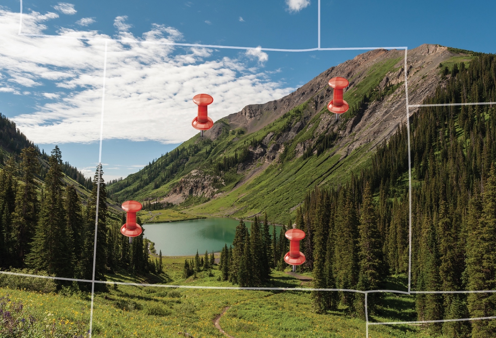A mountain landscape with a lake, drawn white lines forming a rectangle, and four red pushpins marking spots on the scene. Pines and grassy hills surround the lake under a partly cloudy sky, evoking the tranquillity often sought when searching for gun violence resources in Colorado.