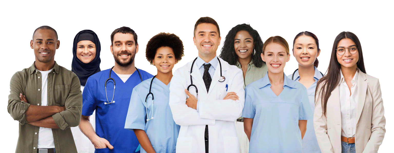 A diverse group of smiling healthcare professionals, including doctors, nurses, and medical staff who have completed ERPO training for health professionals in Colorado, stand together in a row against a plain white background.
