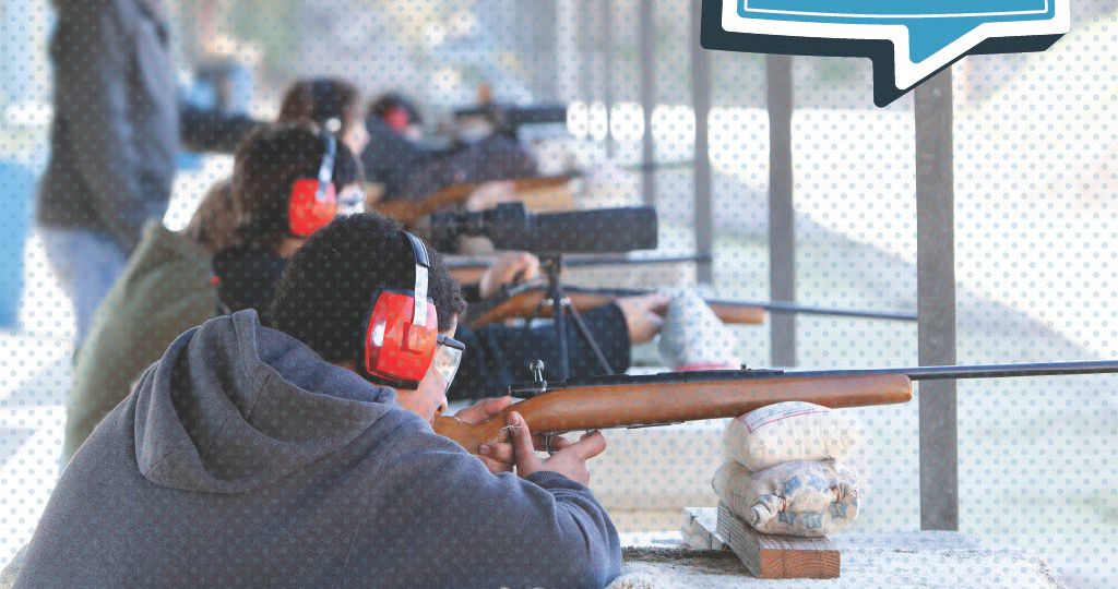 People at a shooting range practicing with rifles, with a speech bubble graphic that says Lets Talk Guns COLORADO.