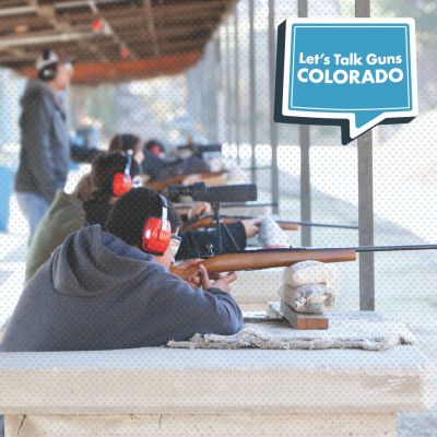 People at a shooting range practicing with rifles, with a speech bubble graphic that says Lets Talk Guns COLORADO.