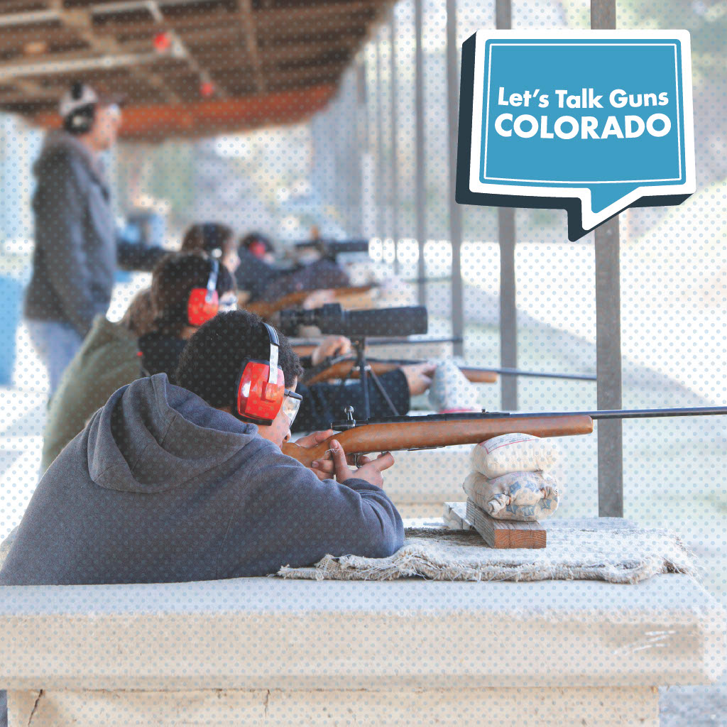 People at a shooting range practicing with rifles, with a speech bubble graphic that says Lets Talk Guns COLORADO.