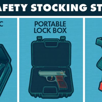 Infographic titled Gun Safety Stocking Stuffers showing a biometric safe containing two handguns, a portable lock box containing one handgun, and a handgun secured with a cable lock.