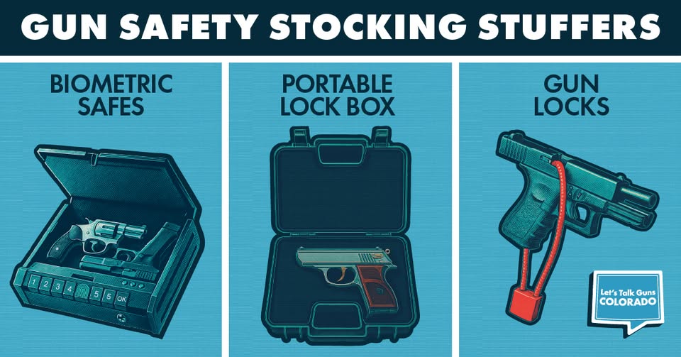 Infographic titled Gun Safety Stocking Stuffers showing a biometric safe containing two handguns, a portable lock box containing one handgun, and a handgun secured with a cable lock.