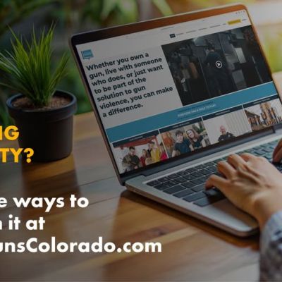 A person types on a laptop displaying the Lets Talk Guns Colorado website, with text on screen reading Already practicing gun safety? Find simple ways to strengthen it at LetsTalkGunsColorado.com.