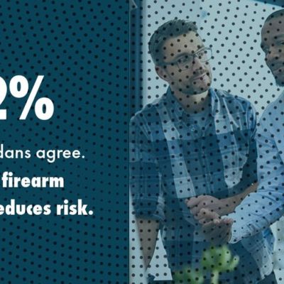 Text reading 92% of Coloradans agree. Secure firearm storage reduces risk, next to a photo of three people talking, with the Lets Talk Guns Colorado logo in the corner.