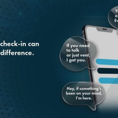 A smartphone displays a text conversation with three speech bubbles offering support, alongside text reading, A quick check-in can make a difference. Try this:.