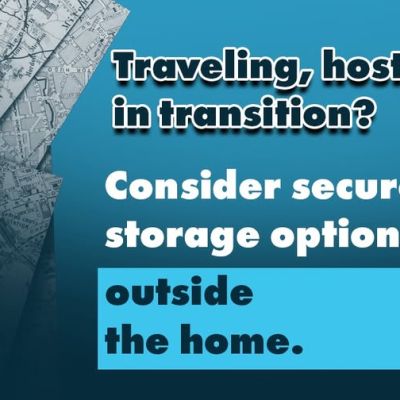 Text on a blue background reads: Traveling, hosting, or in transition? Consider secure storage options outside the home. The Lets Talk Guns Colorado logo is in the corner, with a map graphic overlay.