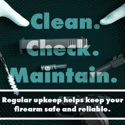 Hands in white gloves working on disassembled firearm parts, with the text Clean. Check. Maintain. Regular upkeep helps keep your firearm safe and reliable and the Lets Talk Guns Colorado logo.