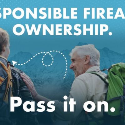 An older man with a backpack rests a hand on a younger mans shoulder in front of a mountain range, with the text RESPONSIBLE FIREARM OWNERSHIP. Pass it on. and a Lets Talk Guns COLORADO logo.