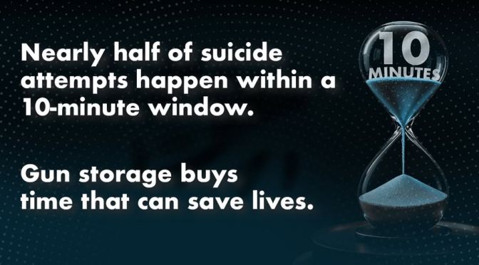 An hourglass filled with blue sand, with text reading: Nearly half of suicide attempts happen within a 10-minute window. Gun storage buys time that can save lives.