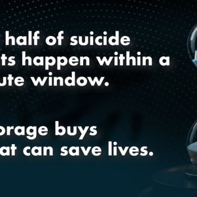 An hourglass filled with blue sand, with text reading: Nearly half of suicide attempts happen within a 10-minute window. Gun storage buys time that can save lives.