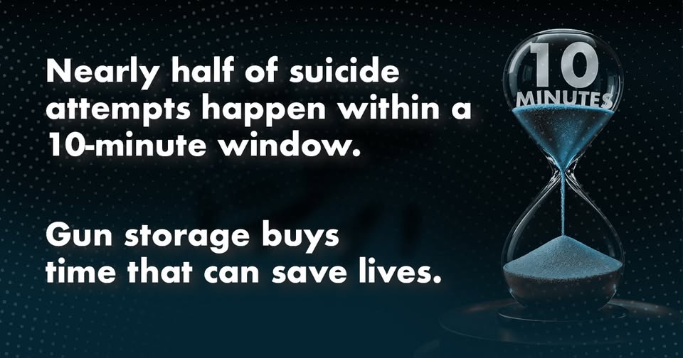An hourglass filled with blue sand, with text reading: Nearly half of suicide attempts happen within a 10-minute window. Gun storage buys time that can save lives.
