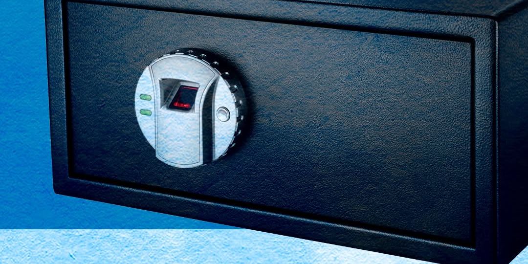 A biometric safe with a fingerprint scanner, featuring the text: The reality of biometric safes. Models have advanced low-power alerts + backup keys. Access takes less than a second.