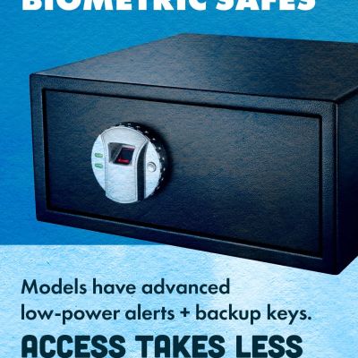 A biometric safe with a fingerprint scanner, featuring the text: The reality of biometric safes. Models have advanced low-power alerts + backup keys. Access takes less than a second.