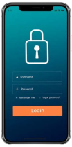 A smartphone screen displays a login page with fields for username and password, a Remember me checkbox, a Forgot password link, and a large orange Login button below a padlock icon.
