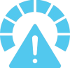 A blue triangle with an exclamation mark inside is in front of a semicircular gauge or speedometer, also in blue, suggesting a warning or alert related to performance or levels.